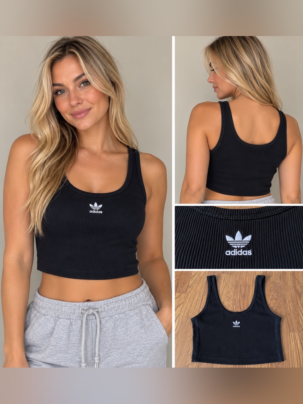 adidas Black Ribbed Cropped Tank with Trefoil Logo